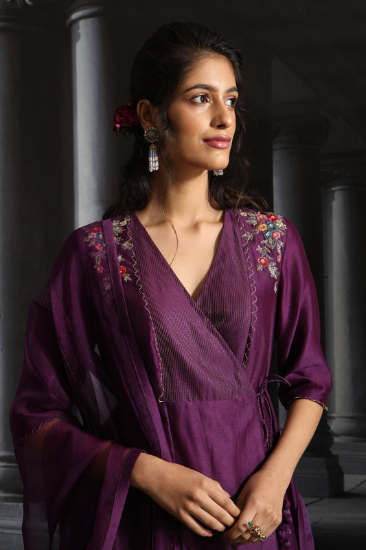 Multicolor Embroidered Angrakha Style Kurta Set ( EM-03/PURPLE / Emerald Green )