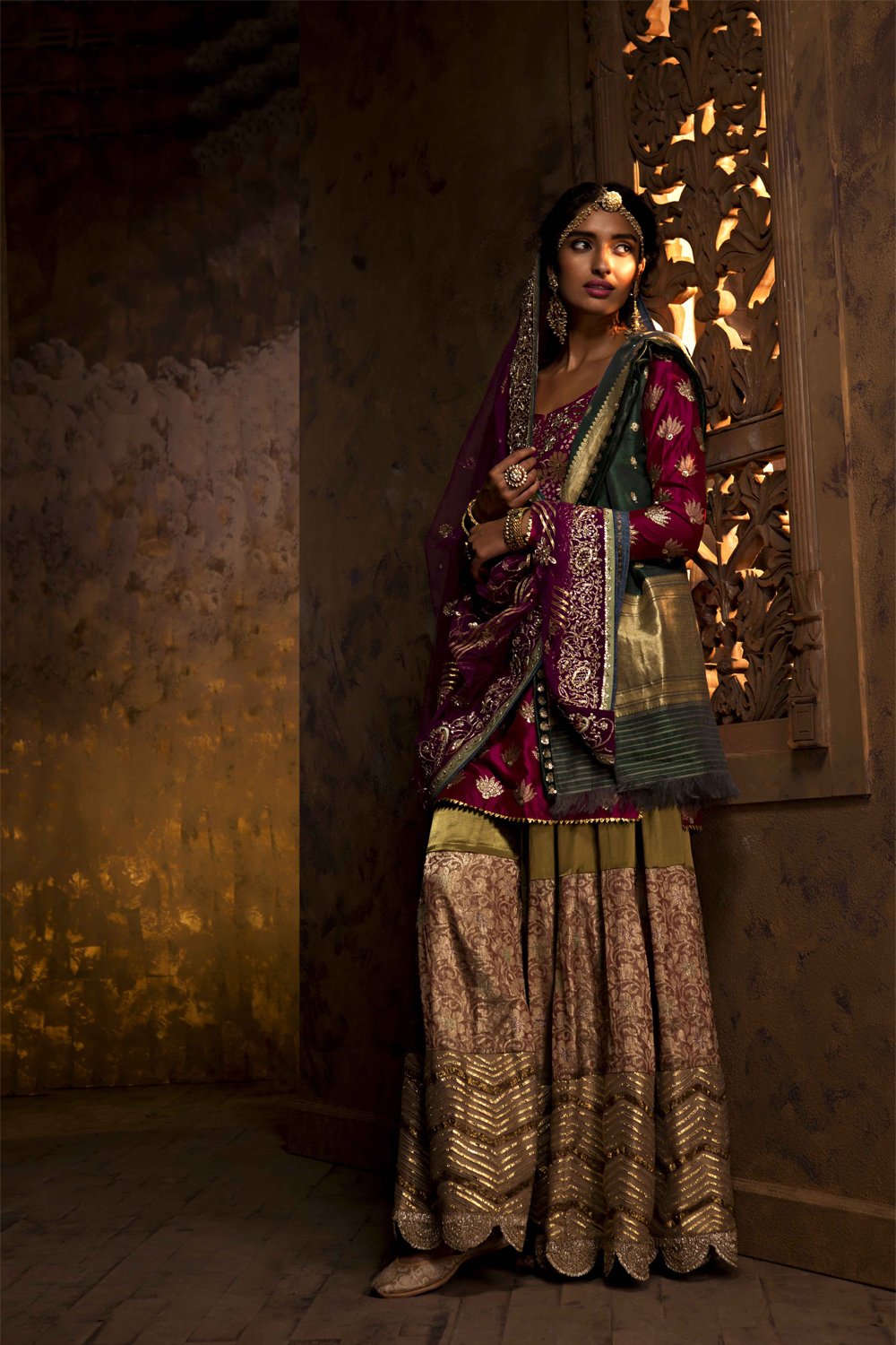 Rich Woven Zardozi Kurta, Sharara & 2 Dupatta Set