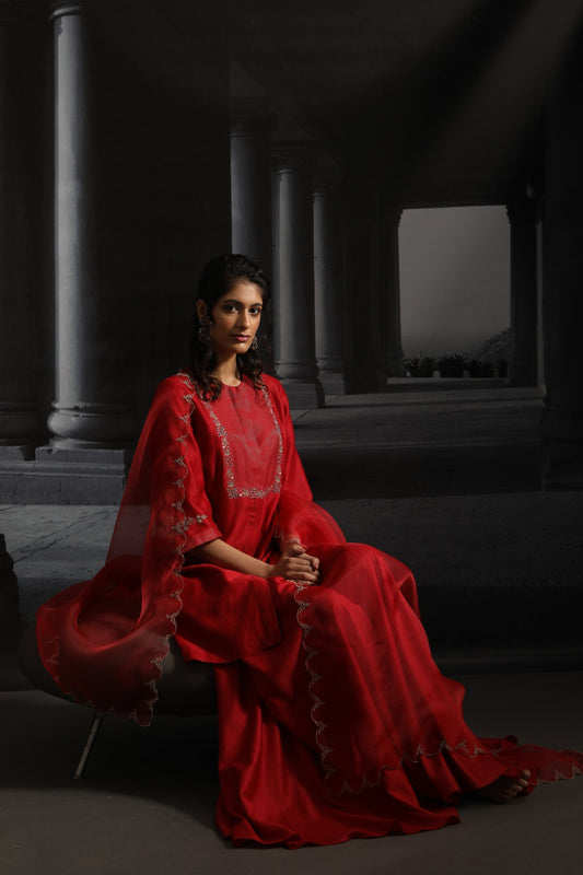Asymmetrical Embroidered Kurta Set ( EM-01/RED )