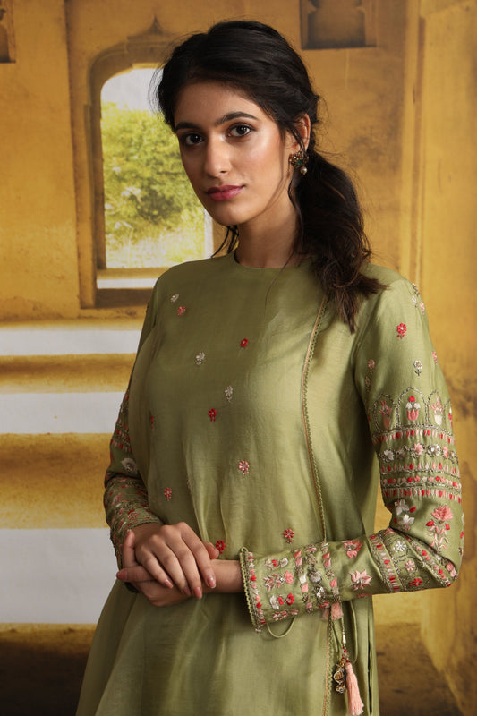 Floral Booti Embroidered Drape Kurta With Straight Pant (MP-04/Olive)