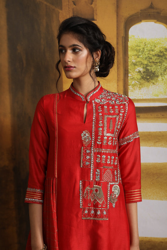 Miniature Painting Inspired Embroidered Kurta Set (MP-01/RED-AQUA)