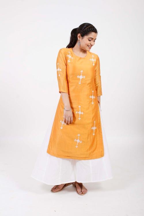 champa' Hand Embroidered mustard chanderi kurta