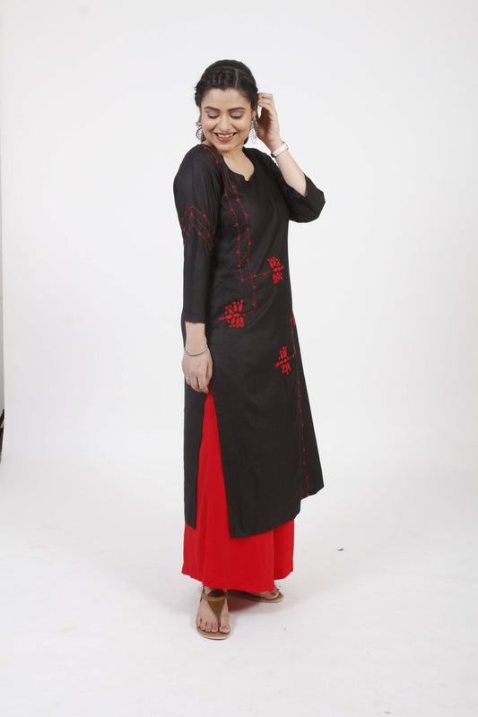 Fatima' Black Hand Embroidered cotton Silk Kurta