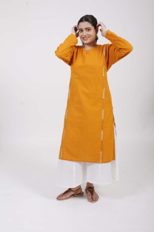 Sindhi' Bright Yellow Hand Embroidered cotton Kurta