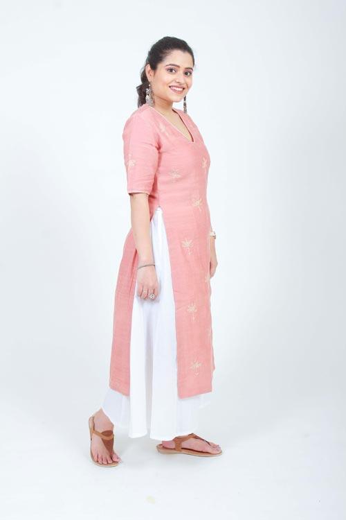 diti' Hand Embroidered soft peach cotton chanderi kurta