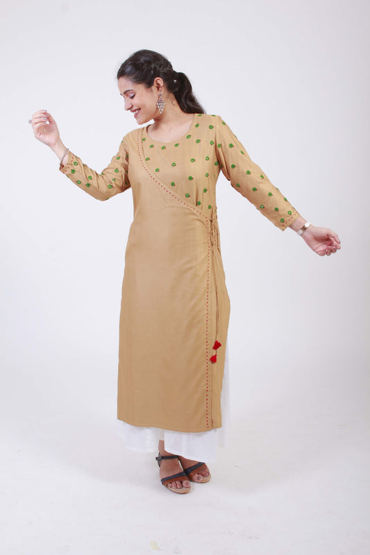 Saavi' Hand Embroidered Ochre Cotton silk Angrakha
