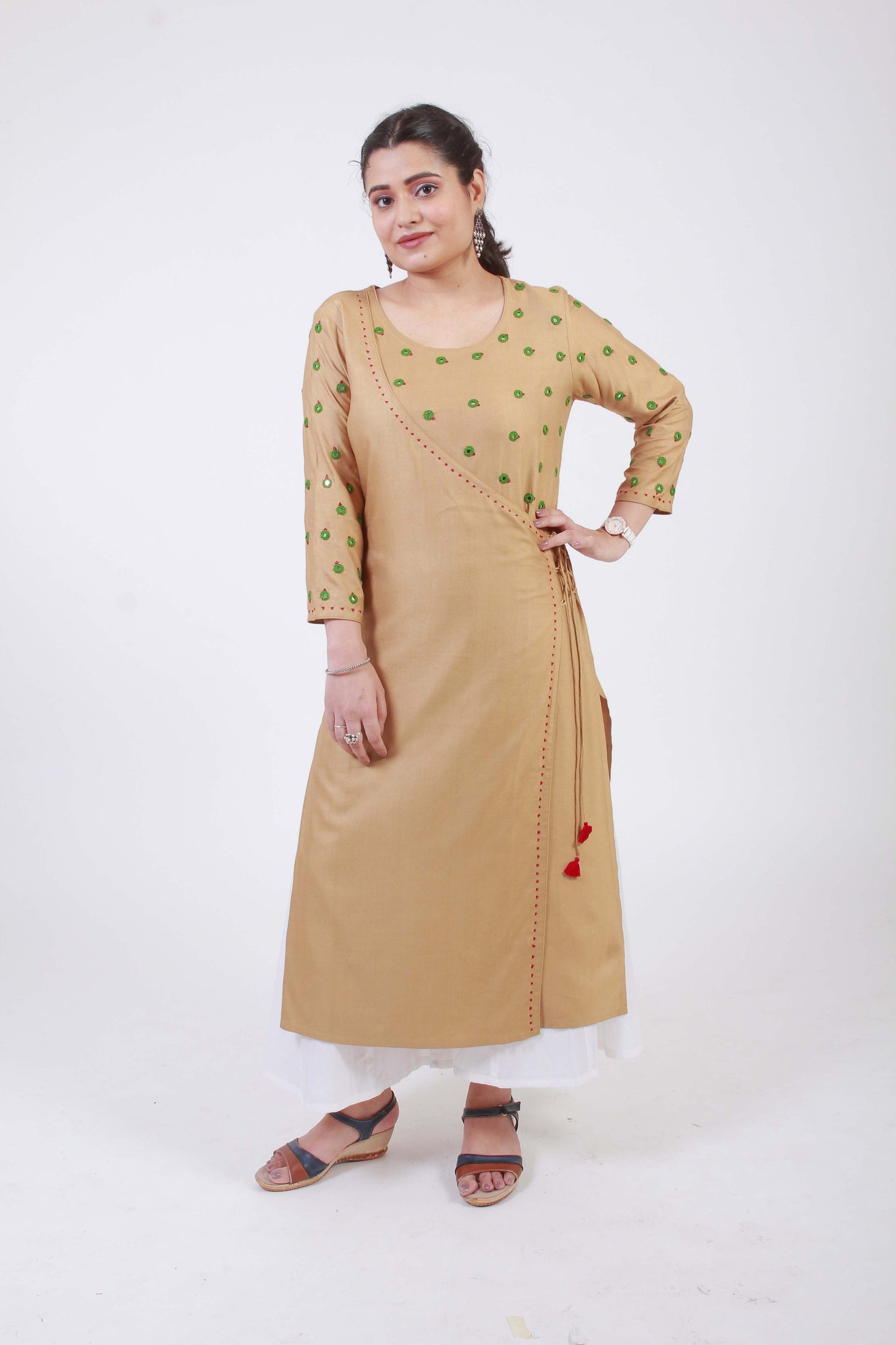 Saavi' Hand Embroidered Ochre Cotton silk Angrakha
