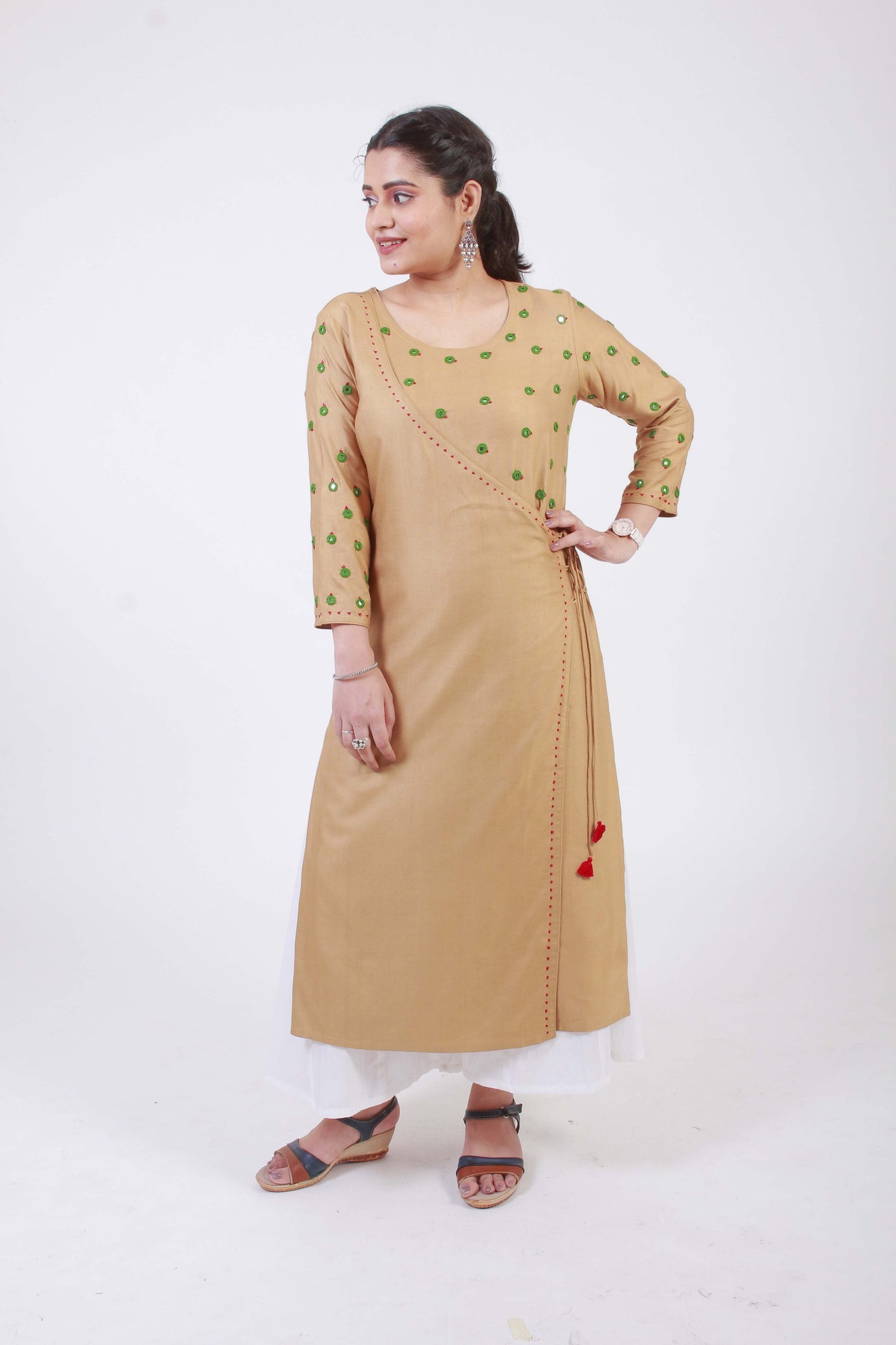Saavi' Hand Embroidered Ochre Cotton silk Angrakha