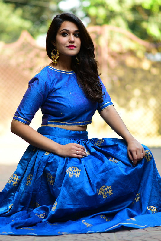 Blue Elephant Chanderi Lehenga (Set of 2)