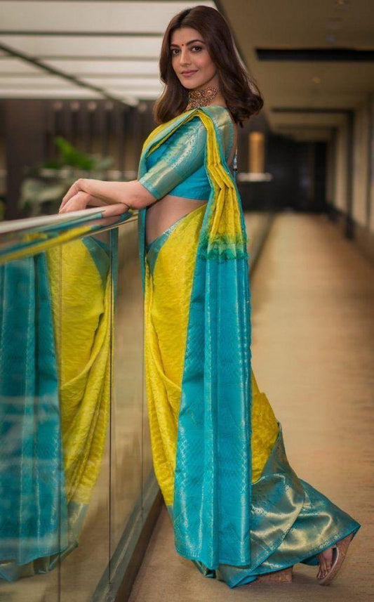 Valiba Traditional Yellow Rich Pallu & Jacquard Work On All Over Bridal Saree