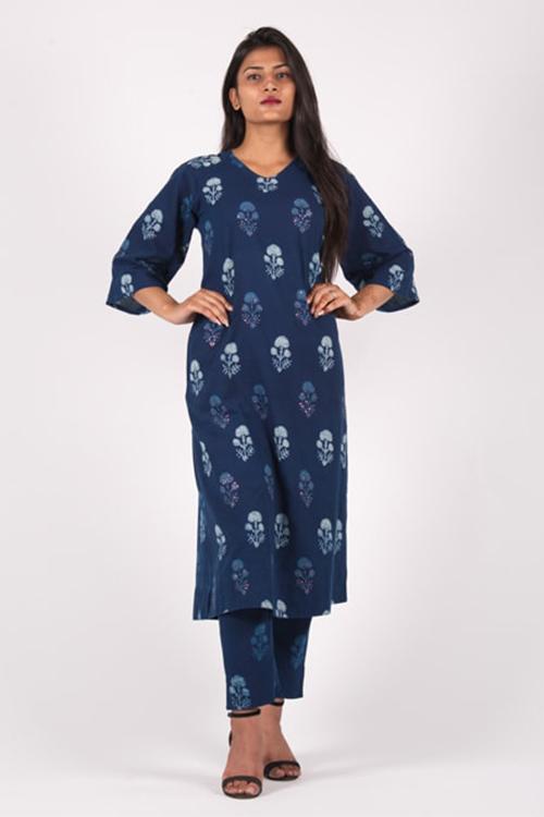 Sitara Buta Kurta' Indigo Block Printed Embroidered Kurta