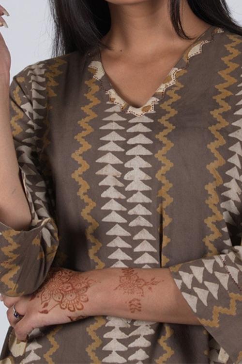 Mud Mustard Kali Kurta' Brown Block Printed Kurta