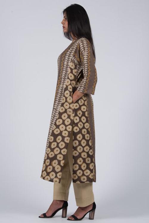 Mud Mustard Kali Kurta' Brown Block Printed Kurta