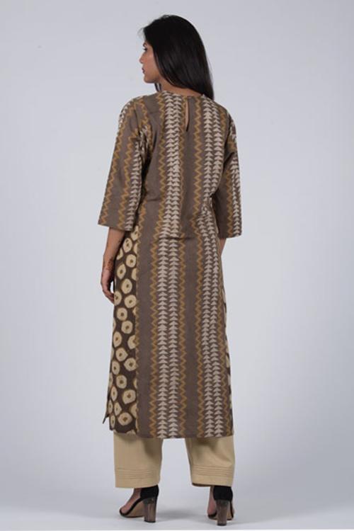 Mud Mustard Kali Kurta' Brown Block Printed Kurta