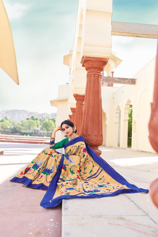 Valiba Blue Paithani Flower Design For Merriage Function And Party Wear Saree