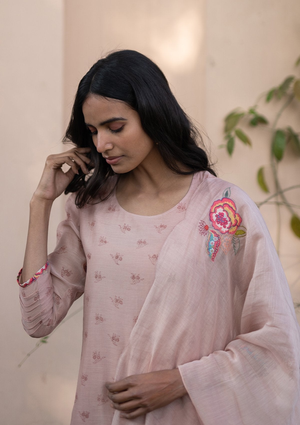 Salmon Printed Applique Kurta Set