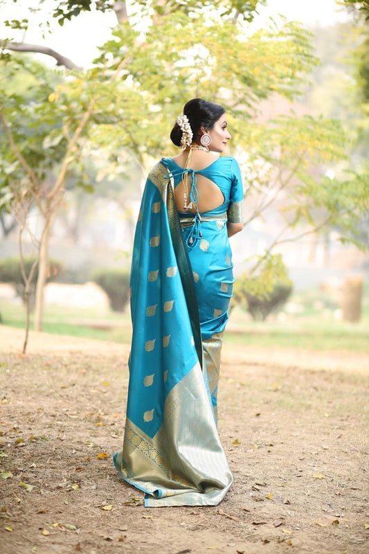 Sky-Gold Beautiful Rich Pallu And Jacquard Saree