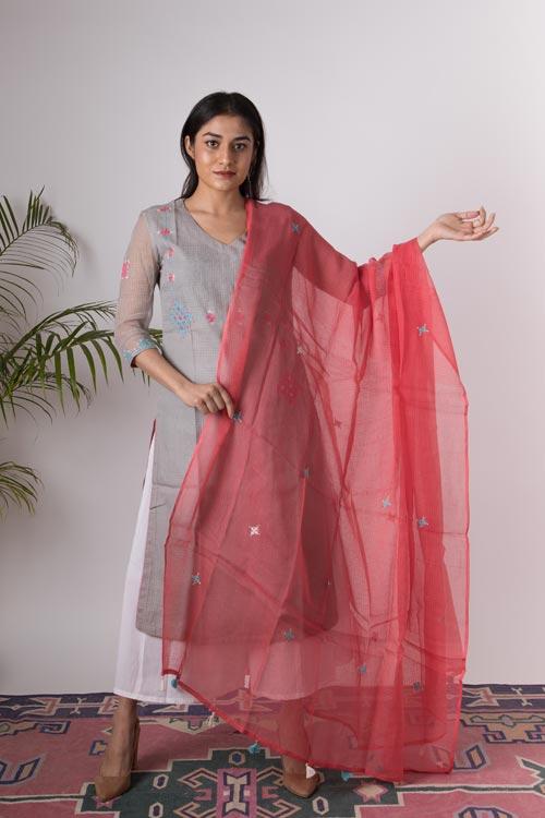 Adira' Hand Embroidered Grey kurta. 2pc set (kurta and dupatta)