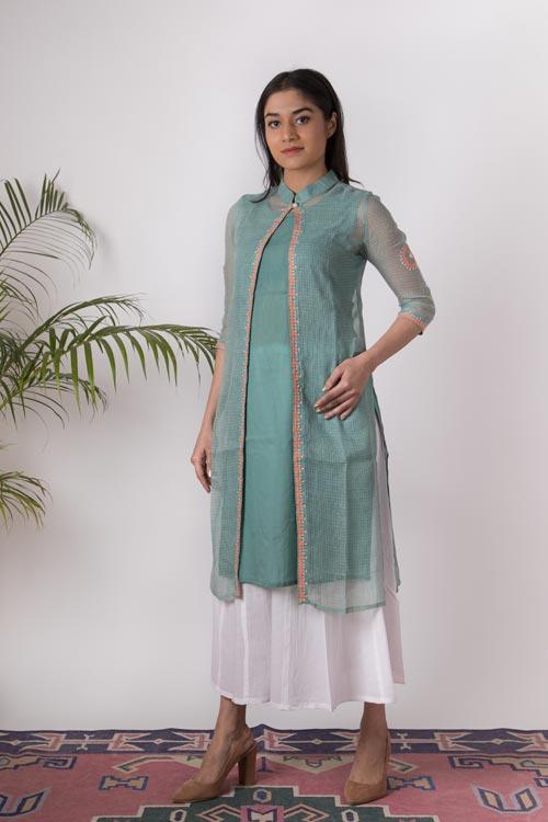 Rymaa' Hand Embroidered mint Kotta doriya kurti jacket . 3pc set (kurti with Slip and pant)