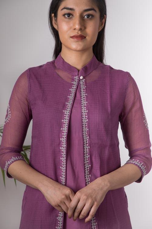 Aahana' Hand Embroidered purple Kotta doriya kurti jacket . 3pc set (kurti with Slip and pant)