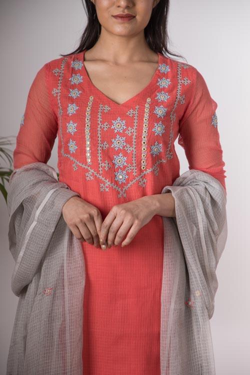 Charu' Hand Embroidered pink kotta doriya kurta . 2pc set (kurta and dupatta)