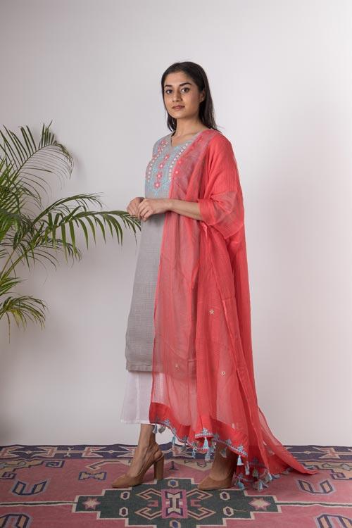 Dhara 'Hand Embroidered grey kotta doriya kurta . 2pc set (kurta and dupatta)