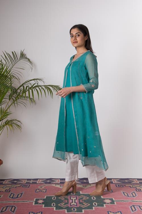Isha'Hand Embroidered Teal Blue kotta doriya kurta . 3pc set (kurta along with slip and pant )