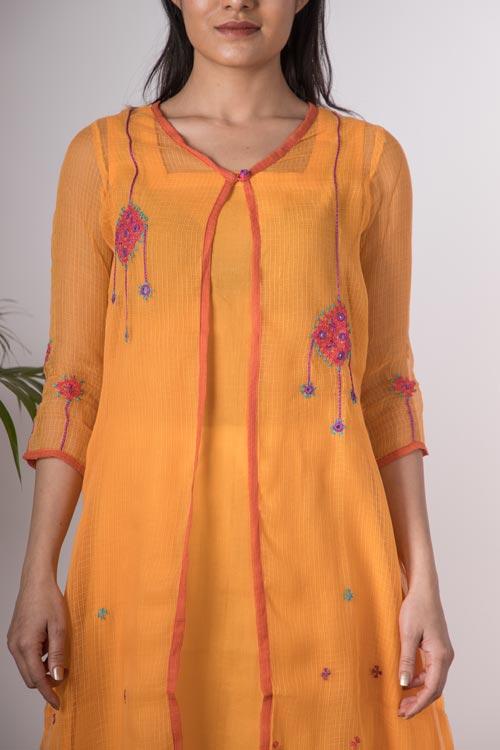 Aaesha'Hand Embroidered Yellow kotta doriya kurta . 3pc set (kurta along with slip and pant )