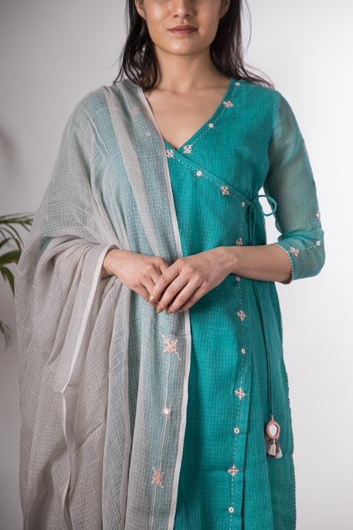 Lisa'Hand Embroidered Teal Blue kotta doriya kurta . 2pc set (kurta and dupatta)