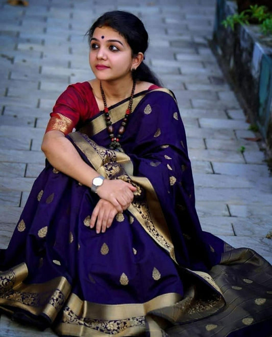 Valiba Blue Jacquard Silk Saree with Woven Broad Border and Pallu