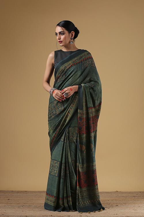 Handblock Printed Ajrakh Modal Green Buta Pallav-Grey Saree.
