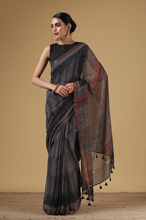 Handblock Printed Sangeneri Buta Border Kota-Cotton Saree- Col-Grey.
