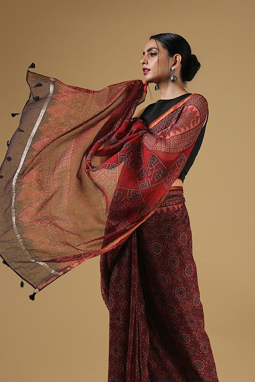 Handblock Printed Ajrakh Kota Cotton Mehraab Border Saree-Col Red.
