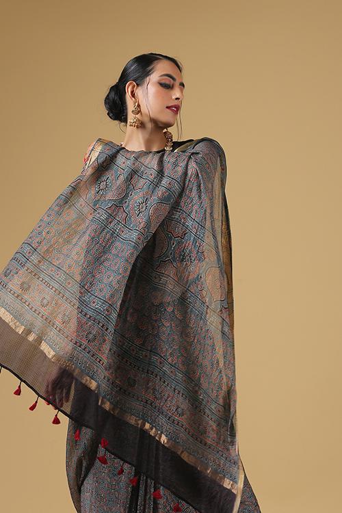 Handblock Printed Ajrakh Kota Silk Traditional Pallav Border Saree col Grey-Blue.