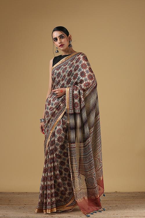 Handblock Printed Ajrakh Kota Silk Saree with Stripped Pallav. Col -White.