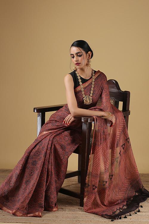Handblock Printed Ajrakh Kota Silk Saree with Geometric Pallav. Col Dull Rose.