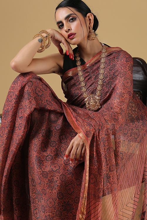 Handblock Printed Ajrakh Kota Silk Saree with Geometric Pallav. Col Dull Rose.