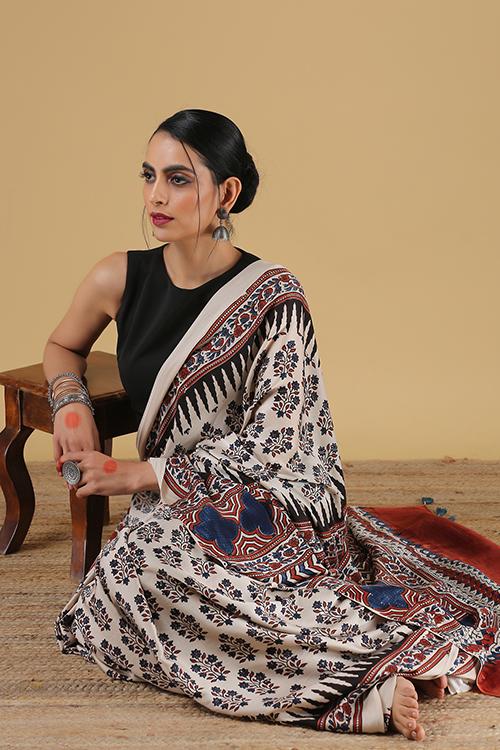 Handblock Printed Leheriya Pallav with Border Ajrakh Modal Saree- Col White.