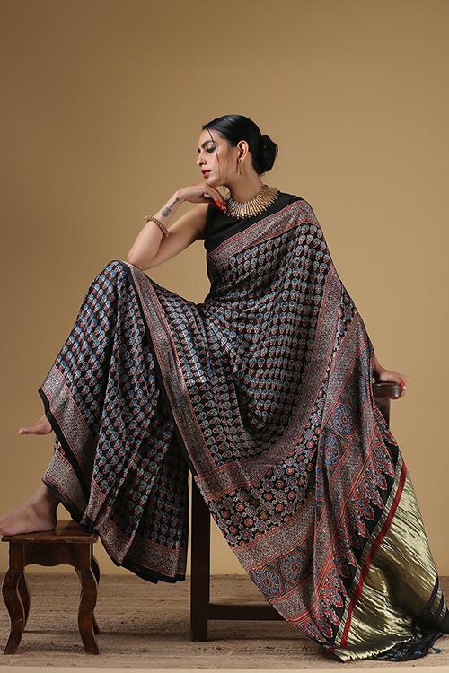 Handblock Printed Ajrakh Modal Saree with Tissue Pallu Geometric Border. Col Black.