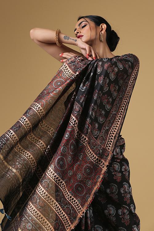 Handloom Printed Ajrakh Chanderi Kangdi Flower Pallav Saree- Col- Black
