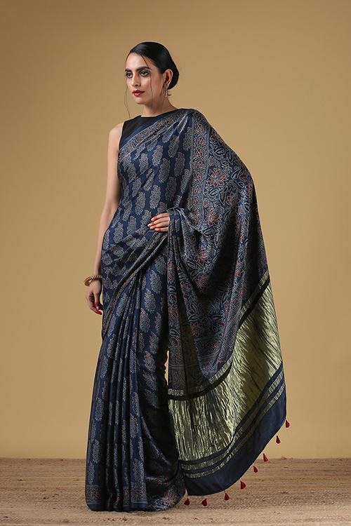 Handloom Printed Modal Ajrakh Kalamkari Border Pallav Saree With Tissue Pallu. Col-Blue.