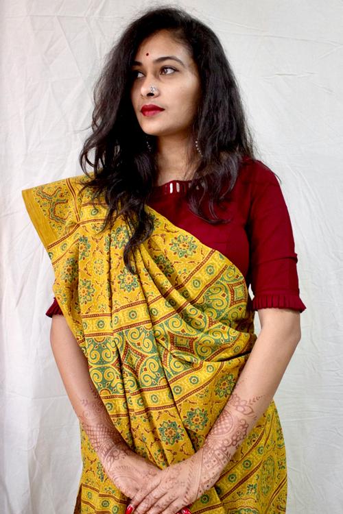 Handblock Printed Natural Dyed Cotton Saree Col- Mustard.20