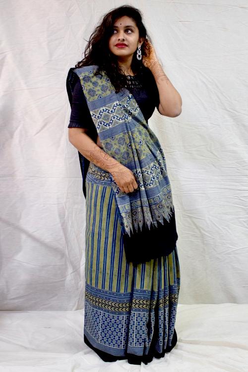 Handblock Printed Natural Dyed Cotton Saree Col- Grey Blue, Mustard.6