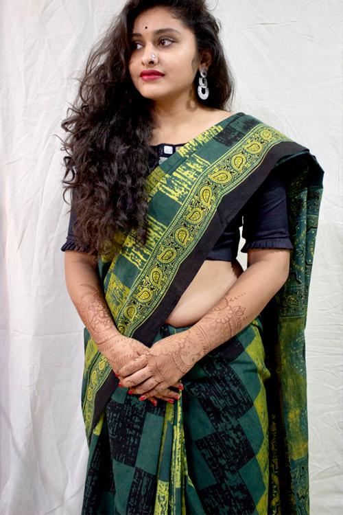 Handblock Printed Natural Dyed Cotton Saree Col- Yellow.8