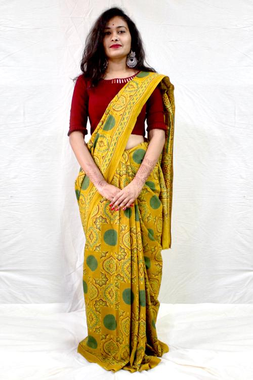 Handblock Printed Natural Dyed Cotton Saree Col-Mustard, Grey.9