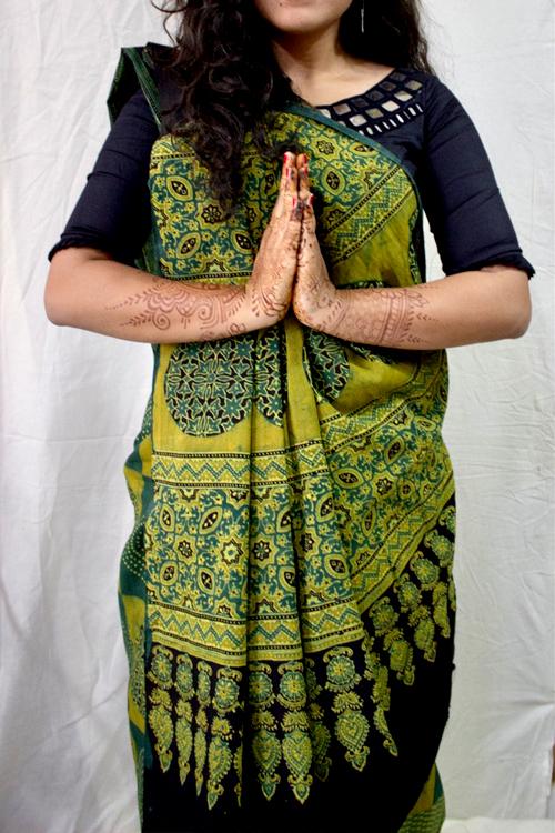 Handblock Printed Natural Dyed Cotton Saree Col-Mustard,Dull Turquoise.10