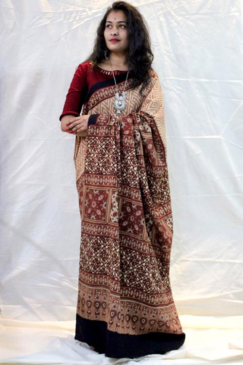 Handblock Printed Natural Dyed Cotton Saree Col- Beige & Rust.11