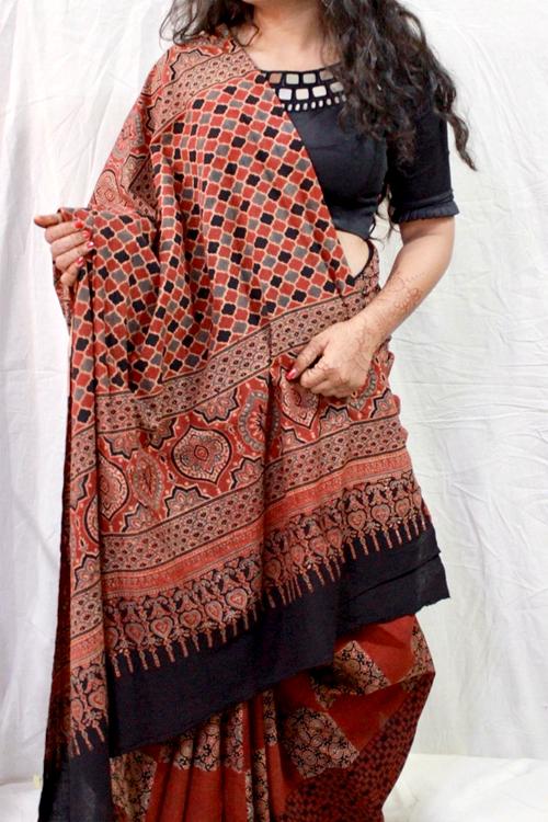 Handblock Printed Natural Dyed Cotton Saree Col- Brown,Rust.14