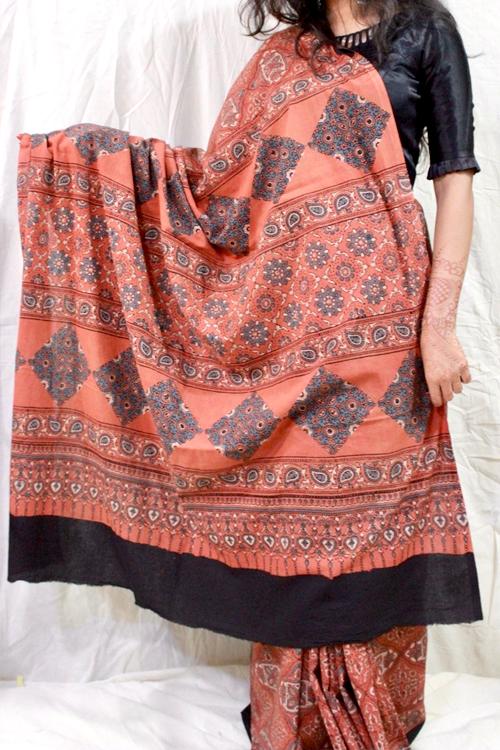 Handblock Printed Natural Dyed Cotton Saree Col- Light Rust.15