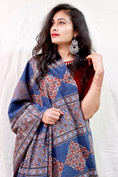 Handblock Printed Natural Dyed Cotton Saree Col- Grey Blue.16